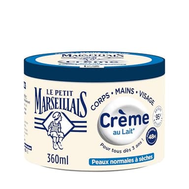 Le Petit Marseillais Crème Hydratante Multi-Usage Lait (pot de 360 ml) – Crème corps, mains et visage pour les peaux normales à sèches – Soin hydratant 48h avec 95% d'ingrédients d'origine naturelle