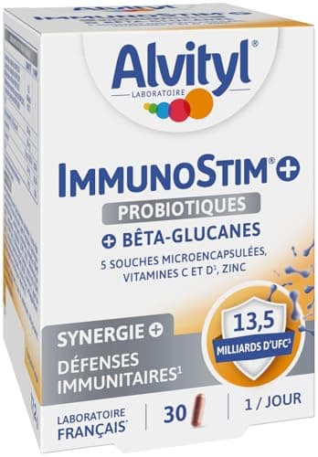 Alvityl - Immunostim + Gélules - Probiotiques, Bêta-glucanes, Fibres, Vitamine C et D, Zinc - Dès 12 ans - 30 gélules