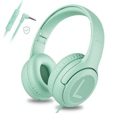 awatrue Casque Audio Enfant, Casque Enfant Filaire avec Volume Limité 85/94db, Fil 3.5 Mm, Pliable, Partager l’Audio, Micro Integré pour Ipad/Voyage/Tablette/Téléphone, Vert