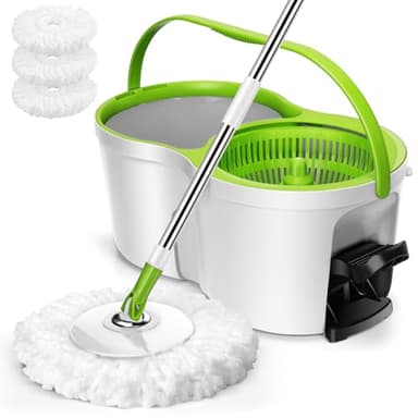 Eukue Seau Essoreur à Pédale et Balai à Franges, Balai Serpillière en Microfibre avec Manche Télescopique, Serpillière Seau Essoreur, 2en1 Sceau Menage Essoreur pour Nettoyage sols-Vert