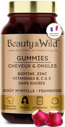 Gummies Cheveux et Ongles – Biotine, Zinc, Vitamines B6, B9, C, D3, E – 60 Gummies Sans Sucres – Croissance cheveux, Fortification, cheveux Brillants – Goût Myrtille Framboise – Fabriqué en France