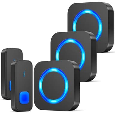 SURFOU Sonnette sans Fil, 400M Sonnette Longue Portée Carillon Electronique Kit avec 2 Bouton Emetteur 3 Récepteurs, 55 Mélodies au 5 Niveaux Volumes pour Maison, Indicateur LED Bleu, Noir