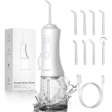 DIHOOM Jet Dentaire Hydropulseur Portable - 300ML Irrigateur Oral Detartreur Dentaire 3 Modes et 8 Buses, USB Rechargeable et IPX7 Etanche, Nettoyeur de Dents pour Maison et Les Voyages（Blanc）