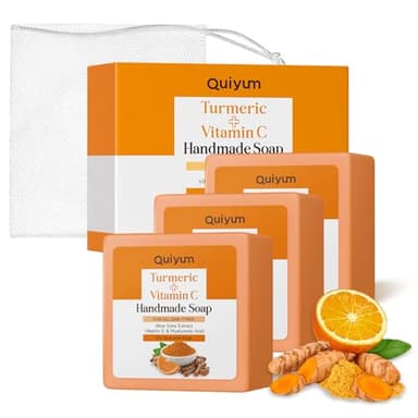 QUIYUM Savon Curcuma et Vitamine C Lot de 3, Nettoyant Visage et Corps, Anti-Taches, Équilibrant et Purifiant, Convient à Tous Types de Peau