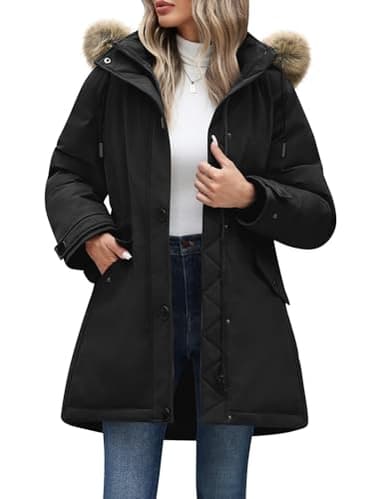 CMTOP Blouson Femme Hiver Mi-long Parka Imperméable à Capuche Amovible Manteau Chaude Elegant Veste Zippé Manche Longue Puffer Coupe-vent Outercoat à Cordon(Noir, XXL)
