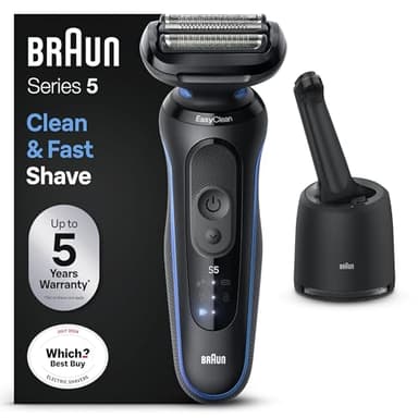 Braun Series 5 Rasoir Électrique Pour Homme, En Mode Turbo Ou Standard, Rasoir À Grille Étanche, Conçu En Allemagne, Avec Une Station De Nettoyage SmartCare Clean & Charge, Bleu