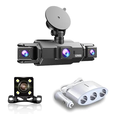 Dashcam 4 Caméras Enregistreur de Voiture HD 1080P(Avant) 720P(Intérieur×2 & Arrière) sans WiFi 64GB Carte Mémoire + Allume-Cigare 3 Ports 120W Écran IPS 3" Vision Nocturne 24H Surveillance