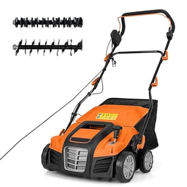GOPLUS 2 en 1 Déchaumeuse Scarificateur Electrique 2000W, 5 Profondeurs Réglables & 3 Hauteurs de Poignée, 55L Sac de Collecte Amovible, Râteau Electrique Pliable pour Pelouse (Orange)