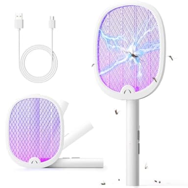 YISSVIC Raquette Electrique Insectes Raquette Anti Moustiques Pliable 4000V 1800mAh Tapette Électrique Puissante Rechargeable avec Câble Chargement USB-C Contre Moustiques Mouches Mites, Blanc