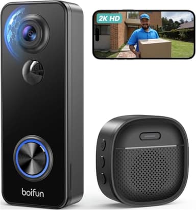 BOIFUN 2K FHD Sonnette sans Fil Exterieur Etanche, Vision Grand Angle 180°, Sonnette sans Fil avec Camera, Installation Facile, Détection IA Avancée, Vision Nocturne, Stockage Carte SD, WiFi 2,4 GHz