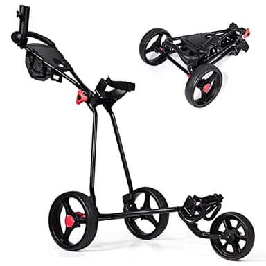 GYMAX Chariot de Golf à 3 Roues, Voiturette Golf Pliable avec Poignée Réglable et Sacs en Maille, Chariot de Golf Manuel avec Roues Amovibles avec Freins, 132 x 91 x 60 cm, Noir