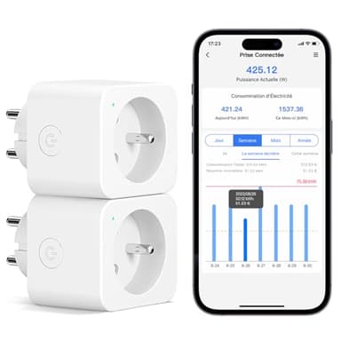 Meross Prise Connectée (FR), 16A Prise WiFi Compatible avec Alexa et Google Home, Lot de 2 Prise Mesure Consommation Intelligente avec Commande Vocale, Contrôle à Distance et Configuration Bluetooth
