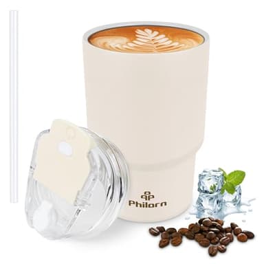 PHILORN Tasse à café de voyage, 14OZ/400ml Mug de Voyage Isotherme à double paroi, avec couvercle et paille, Réutilisable Mug Café pour boissons chaudes et froides