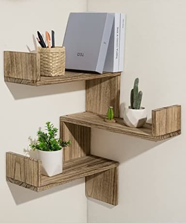 SUMGAR Etagère d'angle en Bois Lot de 3, Étagères Murales Flottantes de Rangement Brun, Support Mural Stable Suspendue Longueur 41,5 cm Décoration pour Salon Salle de Bain Cuisine Bureau