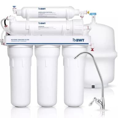 BWT Standard Osmose Inverse Domestique 75 GPD Sans Pompe – Débit de 11,8 L-h – Réservoir de 12 L – 5 étapes avec minéralisation – Taux de récupération de 10-20 purcent – Pression d'entrée de 3-6 bars