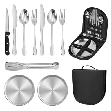 Vaisselle Camping 11 Set pour 2 Personnes, Kit Pique Nique Portable, Ensemble INOX D'extérieur pour Randonnée, Escalade, Barbecues