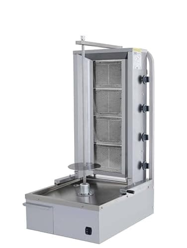 Machine à Kebab professionnel 4 feux – Gaz – Acier inoxydable – Rotation automatique – Matériel Horeca – Rôtissoire à viande – 220V – Haute capacité – Idéal restaurant, snack, food truck