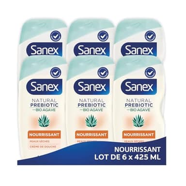 SANEX - Gel Douche Bio Agave Nourrissant - Prébiotique Naturel Issu De l’Agave Bio - Nourrit La Peau - Hydratation 12h - 92% d’Origine Naturelle* - Lot de 6 x 425ml