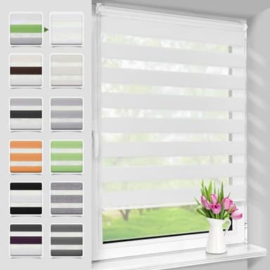 Deswell Store Enrouleur Jour Nuit sans Perçage, Blanc 45 x 180cm (Largeur du Tissu 41 cm), Facile à Installer avec Clips pour Fenêtre & Porte Protection Solaire