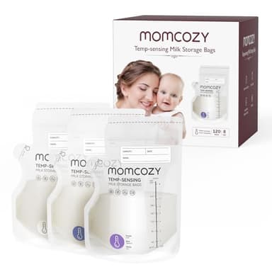 Momcozy Sachets de Congélation Lait Maternel à Versement Facile, 250 ml, Indicateur de Température, 120 Unités, Auto-Stable, Allaitement Sans Fuite, Pré-stérilisé pour Congélateur, Recyclable Sans BPA