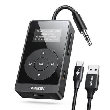 UGREEN Transmetteur Récepteur Bluetooth 5.3 Adaptateur Bluetooth Jack 2 en 1 avec AptX Faible Latence Écran OLED Double Connexion Compatible avec TV PC Casque Avion Voiture Enceinte Gym Haut-Parleur