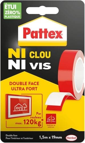 Pattex Ni Clou Ni Vis | Ruban adhésif double face ultra fort (rouleau de 1,5 m x 19 mm) – Adhésif de montage pour intérieur & extérieur – Maximum 120 kg par rouleau