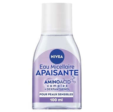 NIVEA - Eau Micellaire Apaisante - Efficacité Waterproof - Visage, Yeux, Lèvres - Nettoie & Démaquille - Peau Fraîche, Hydratée & Apaisée - Micelles & Acide Aminé - Peaux Sensibles - 100 ml