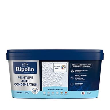 RIPOLIN - Peinture Anti-Condensation Intérieur - Sur Murs et Plafonds - Résiste à l’Humidité Ambiante - Protège des Moisissures - Microporeuse & Lessivable - Ne Cloque Pas - Mat - 2,5L - Blanc