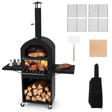 GYMAX Four à Pizza d'Extérieur à Bois ou à Pellet, Cuisson Facile avec Thermomètre, Pierre à Pizza 30 cm, Pelle à Pizza, 2 Grilles de Cuisson, Mobile avec roulettes, pour Rôti, Barbecue
