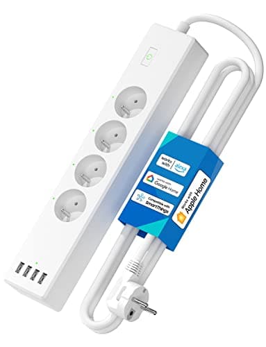 Meross Multiprise Connectée (Type E), 16A Multiprise WiFi Compatible avec Apple HomeKit, Alexa et Google Home (4 Prises AC et 4 Ports USB), Multiprise Intelligente avec Commande Vocale