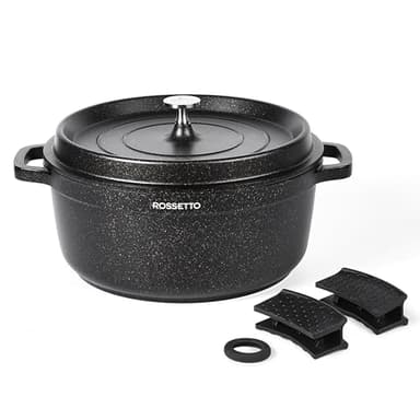 ROSSETTO 6,6L Cocotte ronde en fonte d’aluminium, revêtement antiadhérent en céramique. Couvercle avec picots saveurs. Compatible tous feux dont induction et au four jusqu’à 220℃, 28cm, Noir