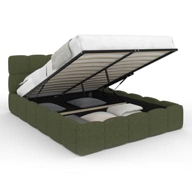 IDMarket - Lit Coffre Double Nuage avec tête de lit matelassée et sommier 140 x 190 cm Tissu Bouclette Vert Kaki