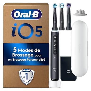 Oral-B iO 5 Brosse À Dents Électrique Noire, Un Capteur De Pression Pour Protéger Les Gencives, Les Dents Sensibles, Des Accessoires, 1 Brossette Douce, 1 Chargeur, 1 Étui De Voyage, Emballage Carton