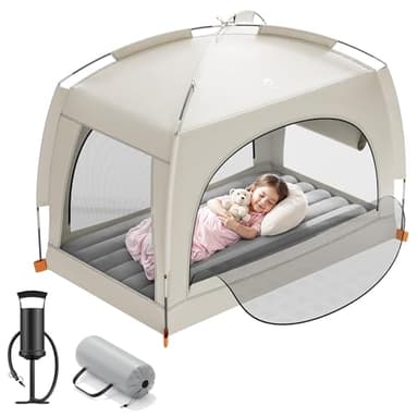 QPAU Lit de voyage gonflable pour tout-petits avec tente – Matelas gonflable léger avec pompe à main – Solution de couchage portable pour intérieur et extérieur pour camping, voyage, maison