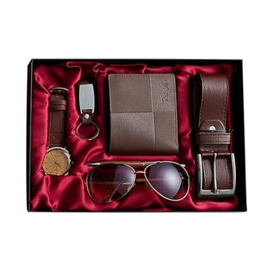 6 Set Coffret cadeau pour homme comprenant ceinture en cuir, portefeuille, stylo, porte-clés, montre et lunettes, Idéal pour la fête des pères, la Saint-Valentin, Noël ou un anniversaire (Marron)