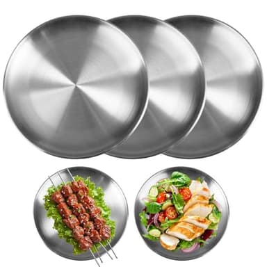 Lot de 3 Assiette Inox Camping, Assiette Inox Argentées, Vaisselle Camping Résistantes, Assiettes en Acier Inoxydable Passe au lave-vaisselle pour Restaurants Pique-niques Cuisines et Fêtes – 20 cm