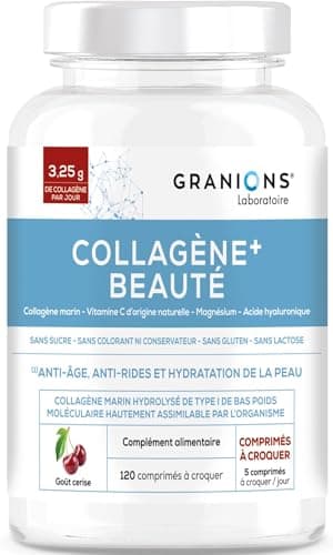GRANIONS COLLAGENE MARIN + BEAUTE - Collagene et Acide Hyaluronique + Vitamine C + Acerola - Collagene Marin Complement Alimentaire - Collagene Peptides - Goût Cerise - 120 Comprimés à Croquer