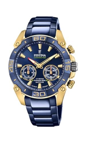 Festina Montre Intelligente Homme Hybride Connected en Acier Inoxydable 316L Bleu - Analogique - Étanche 10 ATM F20547/1 - Contrôle Musique, Compteur de Pas, Notifications et Rejet d’Appels