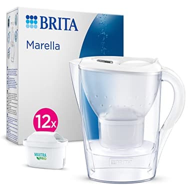 BRITA Carafe Filtrante Marella Blanche(2,4l) incl 12 cartouches filtrantes eau robinet MAXTRA PRO All-in-1 réduit PFAS,calcaire, chlore,certaines impuretés et métaux indicateur temporel, éco-emballage