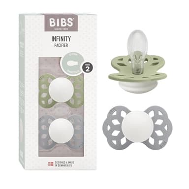 Lot de 2 sucettes physiologiques BIBS Infinity, sans bisphénol A, tétine physiologique en silicone, Téterelle symétrique. Silicone, Fabriqué au Danemark, Taille 2 (6-18 mois), Sage Glow/Cloud Glow