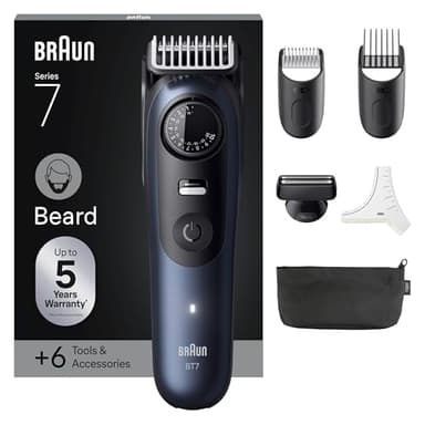 Braun Tondeuse A Barbe Homme Series 7, BT7520, Bleu, + 6 Outils de Barbier, 40 Longueurs, Lame Inusable Pour Un Rasage Professionnel, Kit Tondeuse Electrique Sans Fil, 2 Sabots et Pochoir A Barbe