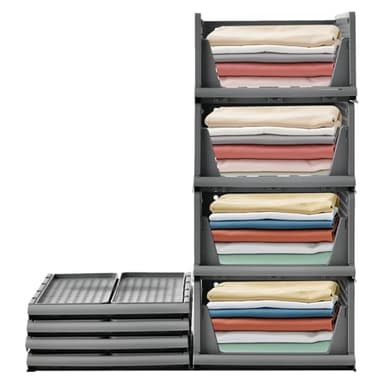RMAN® 4 pcs Organisateur Armoire Vetement Pliable Boite Rangement Vetement Plastique Empilable Organisateur Tiroir pour Chambre, Penderie, Dressing, Gris