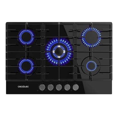 Cecotec Plaque de Gaz Butane et Naturel 5 Feux Bolero Squad G 5200F Glass Black. 11000 W, Verre Noir, Grilles Complètes en Fonte, WOK Triple Couronne, Allumage Électrique, Système de Sécurité