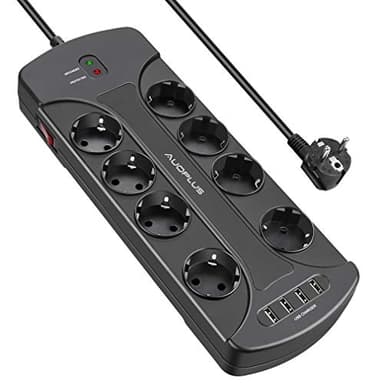 Multiprise Parasurtenseur Parafoudre avec 8 Prises et 4 Ports USB, AUOPLUS Bloc Multiprise Electrique avec Terre, Interrupteur, 3680W/16A, 1050 J, Cordon de 2m pour Smartphone, Maison, Bureau
