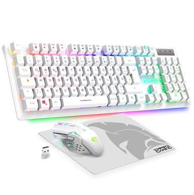 Empire Gaming - Armor RF800 Wireless Wiederaufladbar Gaming Tastatur und Maus Set QWERTZ (DE-Layout) - Tastatur 2,4 G RGB - Ergonomische Maus 4800 DPI mit Mauspad - PC PS4 PS5 Xbox One/Serie Mac
