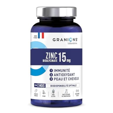GRANIONS - Zinc Bisglycinate 15 mg - Zinc Complement Alimentaire - Format 2 MOIS - Bisglycinate - Immunité, Acne Visage - Biodisponibilité Optimale - 60 Gélules