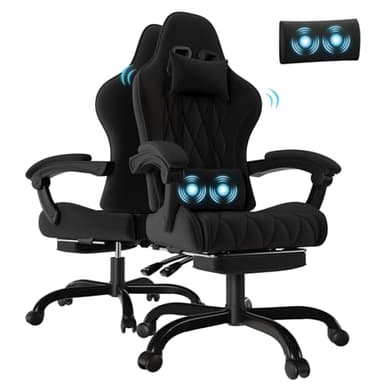Flamaker Massage Chaise Gaming Tissu, Fauteuil de Gamer avec Repose-Pieds, Chaise Ergonomique pour PC Gamer Chaise de Bureau capacité de Charge 150 kg, Noir