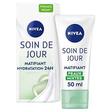 NIVEA - Soin De Jour Matifiant - Crème Visage Hydratation Intense 24H - Réduit Le Sébum & Unifie Le Teint - Aloe Vera Bio & Minéraux - Texture Fondante - Vegan - Peaux Mixtes - 50 ml