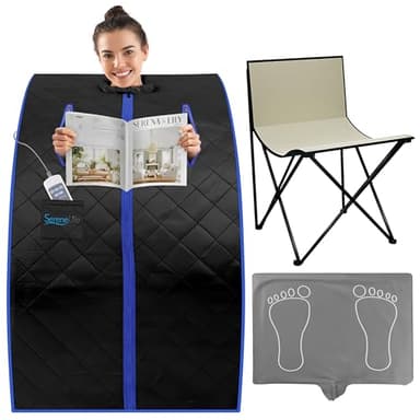 SereneLife Sauna, Sauna Portable/Infrarouge, Vapeur, Spa Maison, Perdre du Poids, Détox, Tente Chauffante Mobile, Pliable Cabine avec Coussin Chauffant pour Les Pieds et Chaise Pliante
