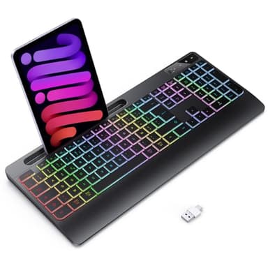 TECURS Clavier sans Fil avec Repose-Poignet- Gaming Clavier Ordinateur Silencieux Rétroéclairé, AZERTY USB Clavier Ergonomique 2.4G Rechargeable pour Windows, Mac, PC